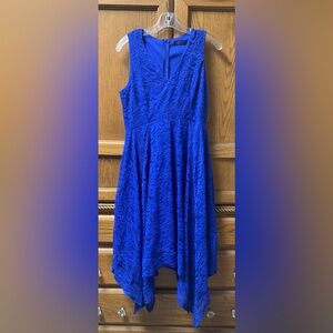 Bridesmay Womens Blue V-Neck Sleeveless Asymmetrical Handkerchief Hem Floral Lrg